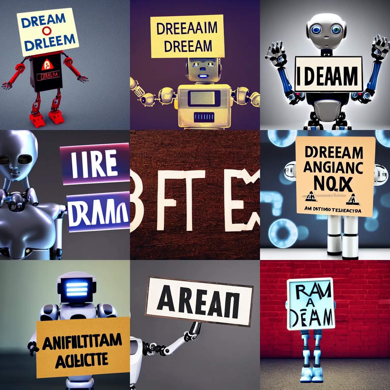 Image similar to artificial intelligence robot holding a sign with text that reads : dream