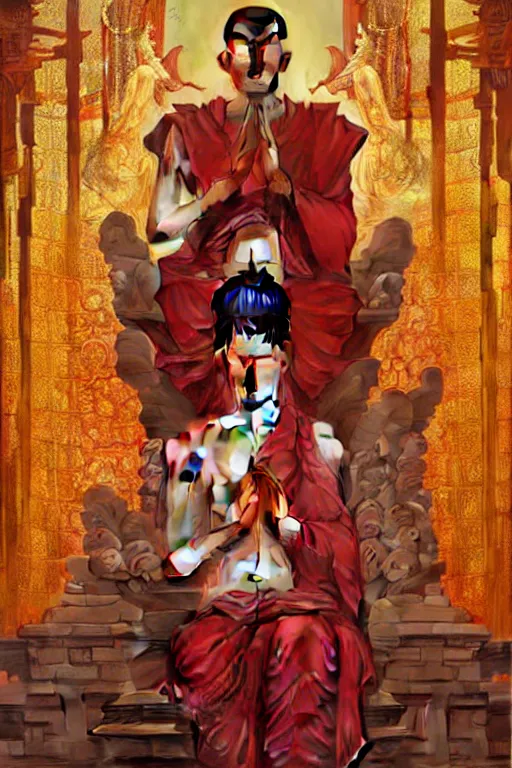 Image similar to temple, buddhism, painting by greg rutkowski, j. c. leyendecker, artgerm