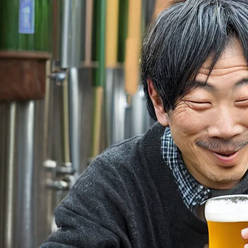 Image similar to a man happily drinks beer by Kimitake Yoshioka.