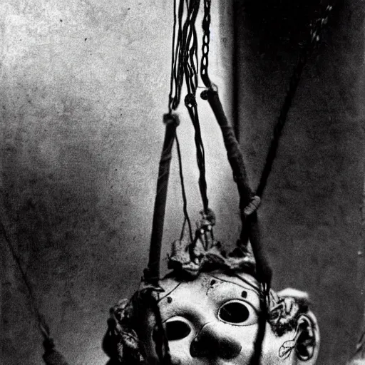 Image similar to marionette, hanging from strings, photograph, style of atget, creepy, evil, moody, cinematic