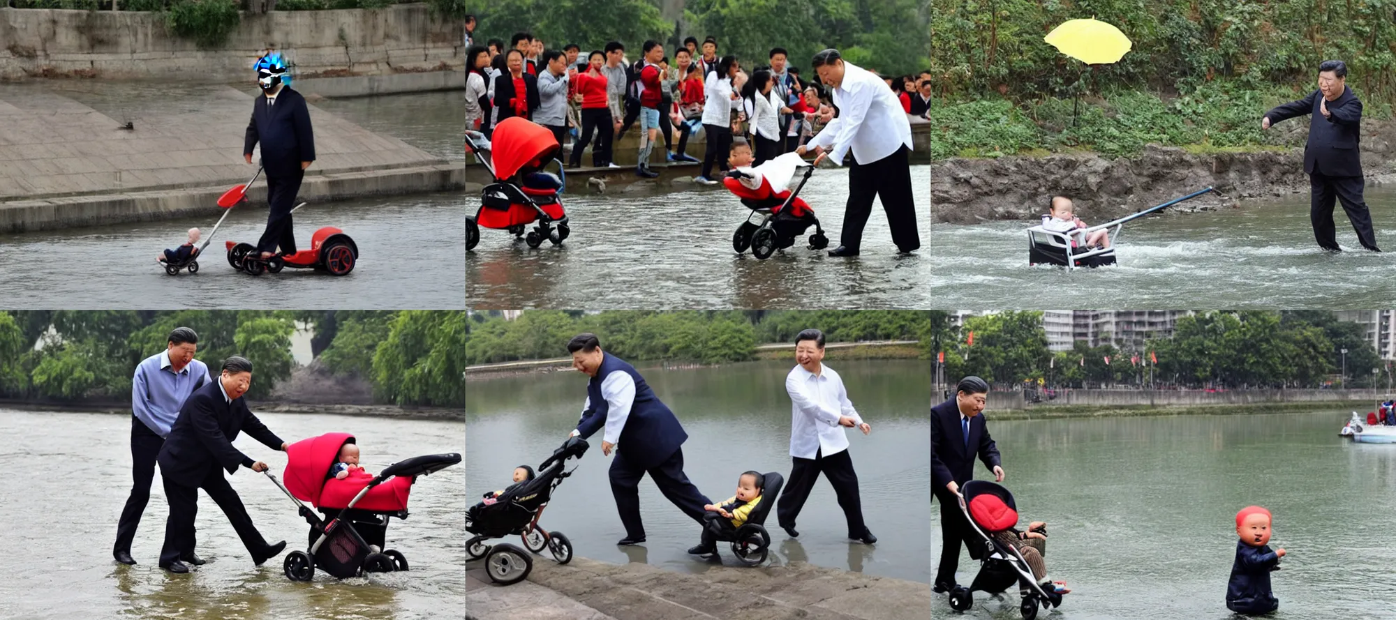 Prompt: xi jinping throwing a stroller with baby in river