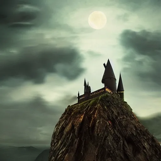 Image similar to Harry potter standing and holding a short wand, magic aura, side view, thunderclouds, cinematic shot, wide shot, epic scale, waving robe movement, photorealistic detail and quality, intricate cobblestone, floating rocks, particle effects, movie still, nighttime, crescent moon, sharp and clear, action shot, intense scene, visually coherent, symmetry, rule of thirds, movement, photorealistic colors, cool colors transitioning to warm colors, modest tone, award winning, directed by Steven Spielberg, Christopher Nolan, Tooth Wu, Asher Duran, artstation