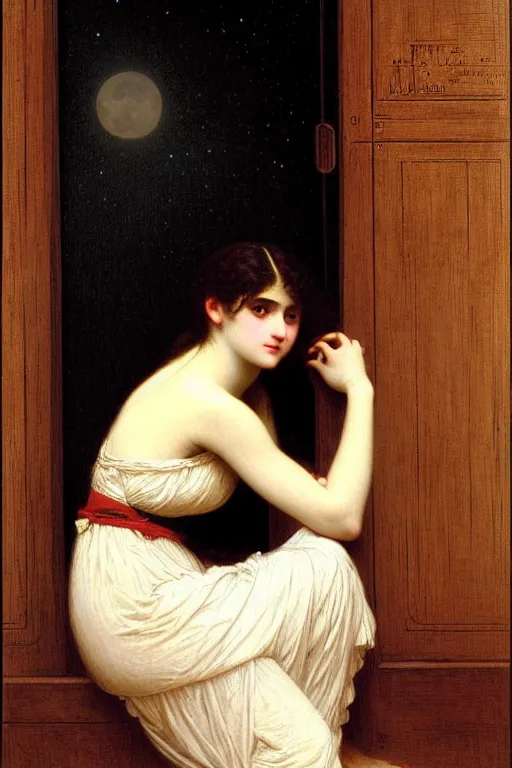 Image similar to girl under moonlight by auguste toulmouche and bouguereau, dark lighting, perfectly detailed eyes, beautiful hands, pale skin, leaning on door, dreamy mood painting