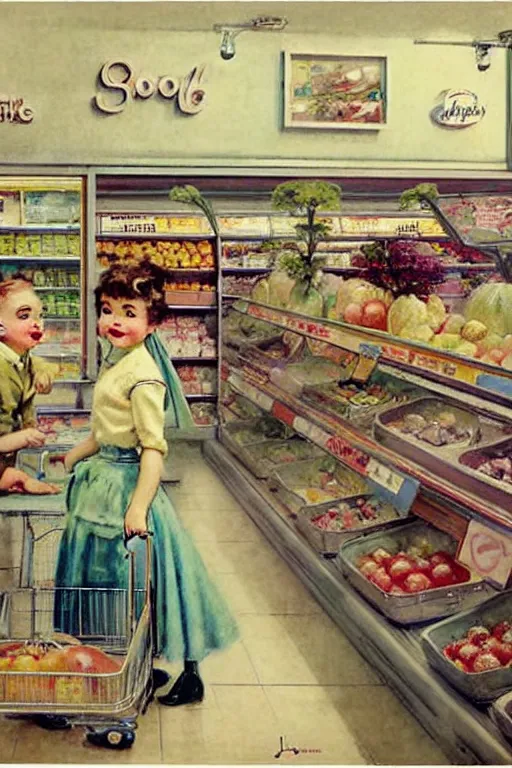 Image similar to ( ( ( ( ( 1 9 5 0 s retro future android grocery store interior. muted colors. childrens layout, ) ) ) ) ) by jean - baptiste monge,!!!!!!!!!!!!!!!!!!!!!!!!!