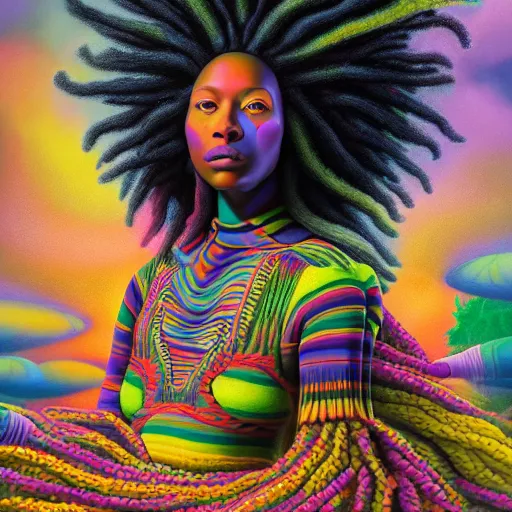 Image similar to a wide angle shot of a black girl with colorful dreadlocks in a field of candy, by Adi granov and afarin sajedi and amanda sage and evgeni gordiets and Agostino Arrivabene and adonna khare in a psychedelic portrait style, ultrarealistic matte painting, volumetric lighting, fractal, extremely symmetrical, highly detailed face, orisha, 8k, hd