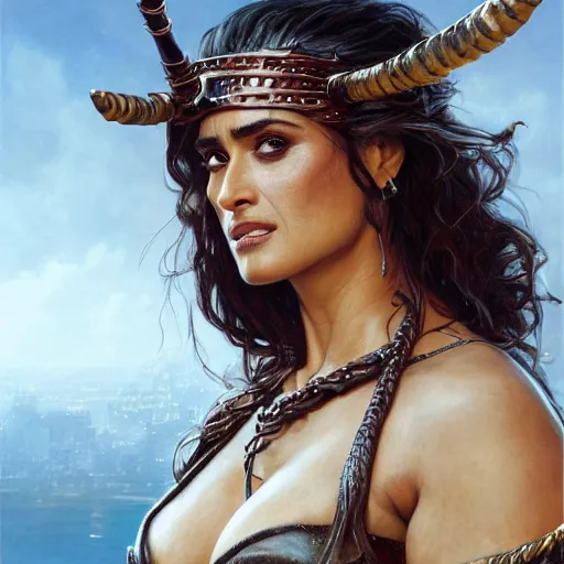 Image similar to a portrait of Salma Hayek as a barbarian, detailed, centered, digital painting, artstation, concept art, donato giancola, Joseph Christian Leyendecker, WLOP, Boris Vallejo, Breathtaking, 8k resolution, extremely detailed, beautiful, establishing shot, artistic, hyperrealistic, beautiful face, octane render