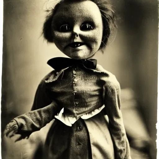 Image similar to ventriloquist doll smiling, ventriloquist dummy, photo, surrealistic, creepy, dark, epic, cinematic, style of atget, detailed