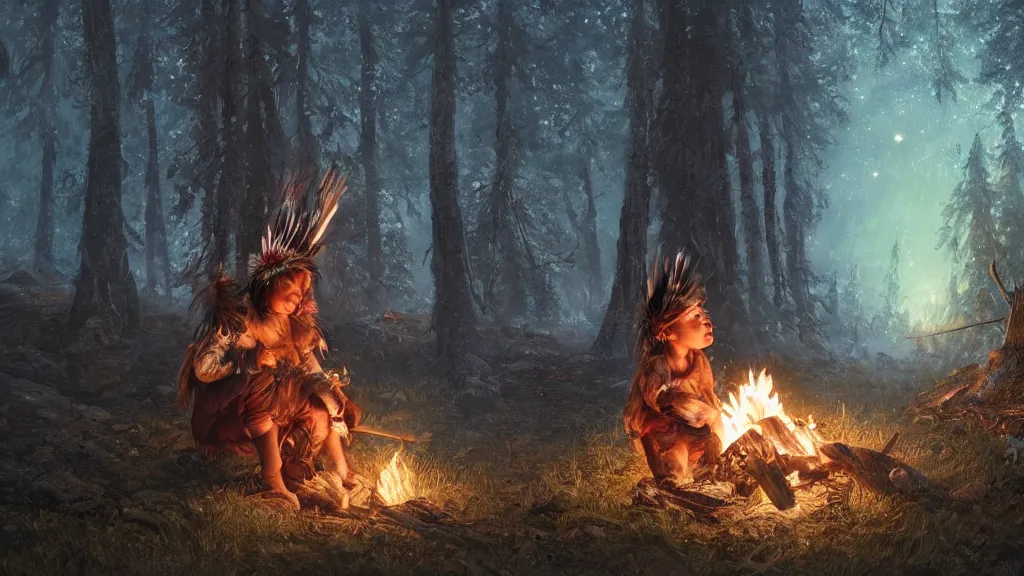 Prompt: highly detailed portrait of a grizzled indigenous child, sitting at a campfire, feathered headdress, traditional clothing, unreal engine, fantasy art by greg rutkowski, ferdinand knab, night, stars, aurora borealis, forest, global illumination, radiant light, detailed and intricate environment