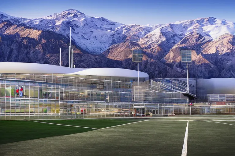 Image similar to architecture photo modern fachwerk football stadium with Elbrus mountain on the background, architecture, photorealism 8k , shining and happy atmosphere, uplight, high details