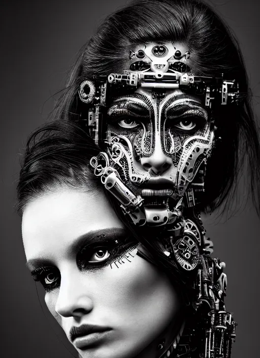 Prompt: a stunning young woman mixed crow mixed cyborg profile face, face is made intricate tribal bio - mechanical, editorial photography, bw, shot on 7 0 mm, depth of field, f / 2. 8, high contrast, 1 6 k, volumetric lighting, shiny, insanely detailed and intricate, hypermaximalist, elegant, ornate, hyper realistic, super detailed