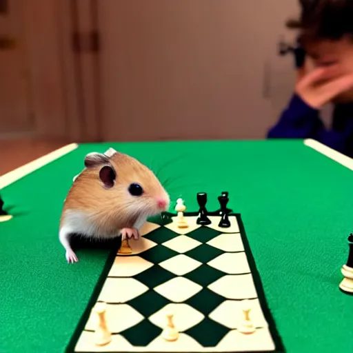 Image similar to a hamster playing chess, seen from the opponents view