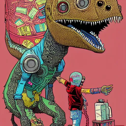 Image similar to intricate detailed color illustration of a cyberpunk street kid with a pet dinosaur, in the style of Geof Darrow