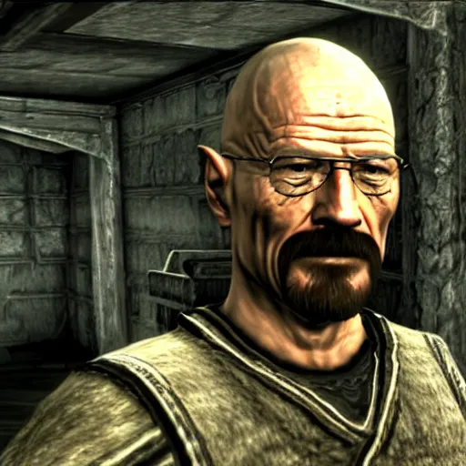 Image similar to Video game screenshot of Walter White as a guard NPC in the Elder Scrolls V Skyrim