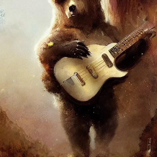 Image similar to realistic bear playing futuristic minimalistic primitive forms guitar, fantasy character portrait by Greg Rutkowski, Craig Mullins, Gaston Bussiere