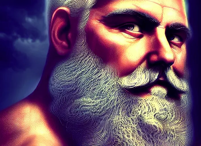 Image similar to zeus god of the sky holding the lightings + older man with a beard + father of all gods and humans + beautiful face and pretty face + intricate complexity, rule of thirds, style by artgerm, dramatic lighting