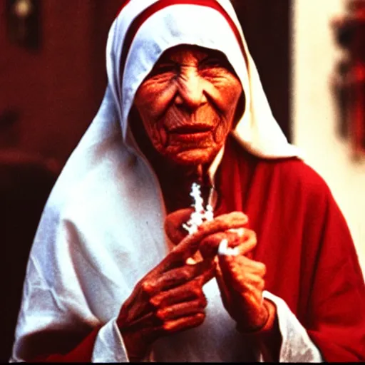 Image similar to mother theresa smoking marijuana, happy, red eyes