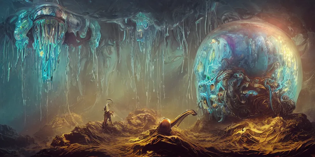 Image similar to concept art of giant translucent glowing jellyfishes, lovecraftian divers helmet, lots of teeth, melting horror, round moon, rich clouds, fighting the horrors of the unknown, mirrors, very detailed, volumetric light, mist, grim, fine art, decaying, textured oil over canvas, epic fantasy art, very colorful, ornate, anato finnstark