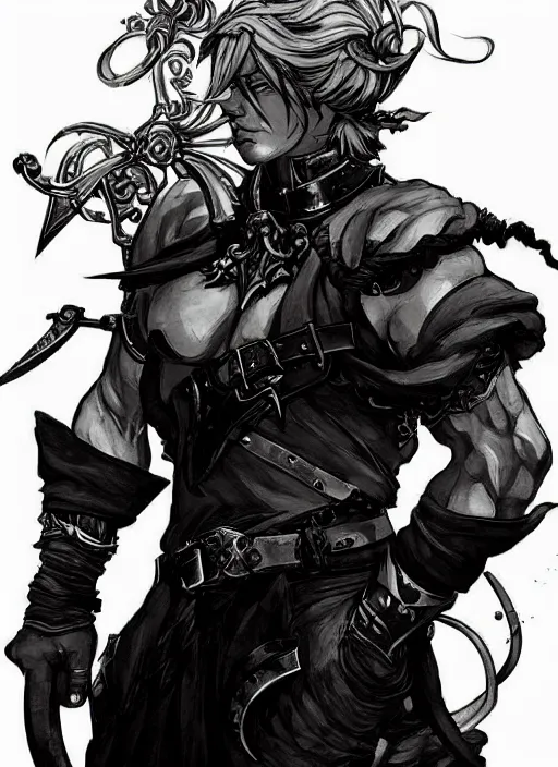 Prompt: Half body portrait of a handsome elven blacksmith working at the forge. In style of Yoji Shinkawa and Hyung-tae Kim, trending on ArtStation, dark fantasy, great composition, concept art, highly detailed, dynamic pose.