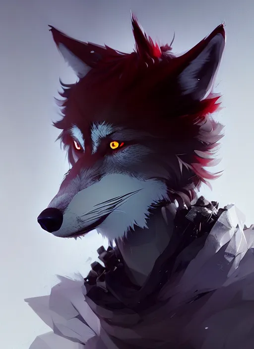 Image similar to award winning portrait of a male anthropomorphic dark gray wolf red hair. character design by cory loftis, fenghua zhong, ryohei hase, ismail inceoglu and ruan jia. artstation, artistic lighting, highly detailed, photorealistic, fantasy