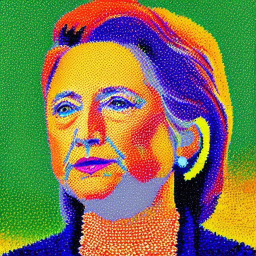 Image similar to very very very colorful pointillist portrait of hillary clinton wearing a beautiful necklace, painted by georges seurat