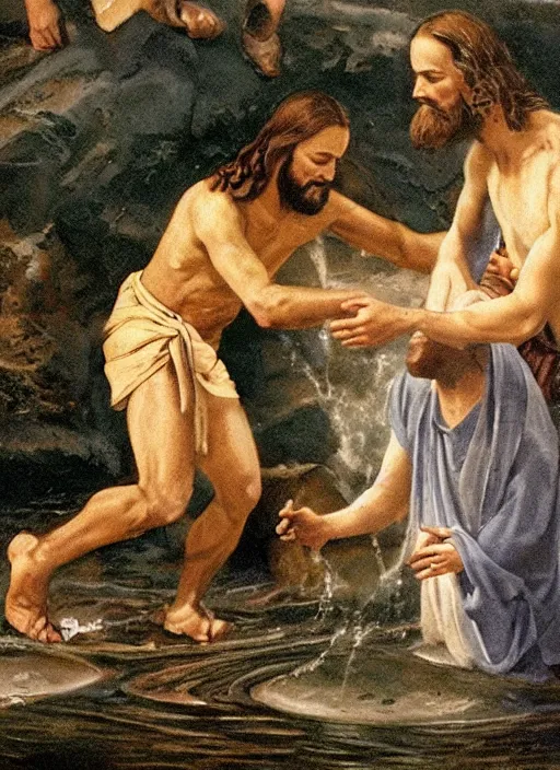 Prompt: old photo of Jesus baptizing Satan in the river