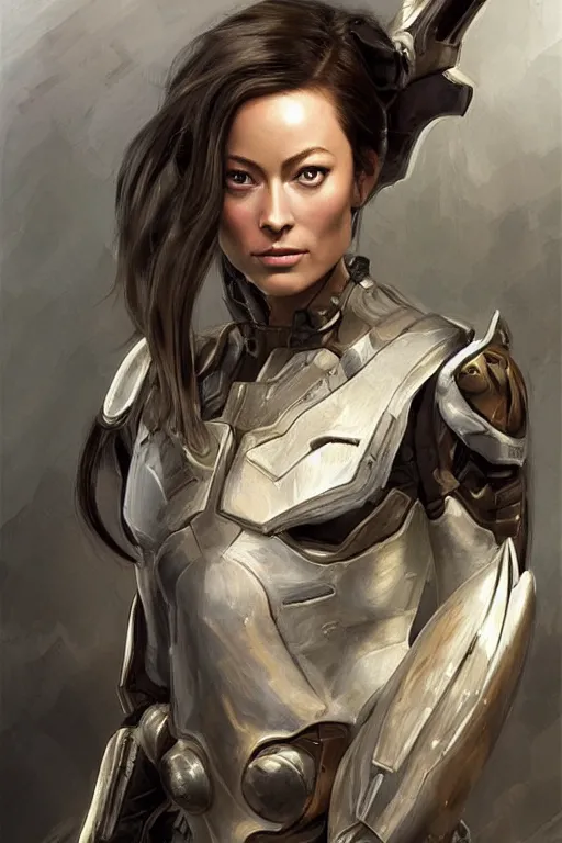 Image similar to a professional painting of a young Olivia Wilde, clothes in military armor, olive skin, long dark hair, beautiful bone structure, symmetrical facial features, intricate, elegant, digital painting, concept art, smooth, sharp focus, illustration, from StarCraft by Ruan Jia and Mandy Jurgens and Artgerm and William-Adolphe Bouguerea