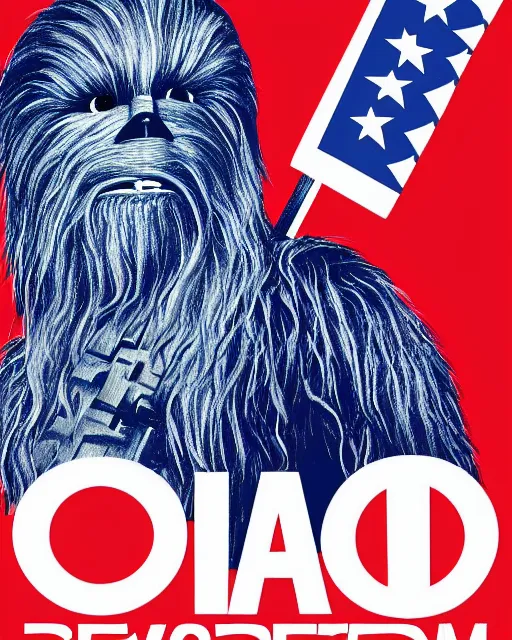 Image similar to chewbacca presidential election poster showing close up of chewbacca face red and blue duotone by sheperd fairey no text