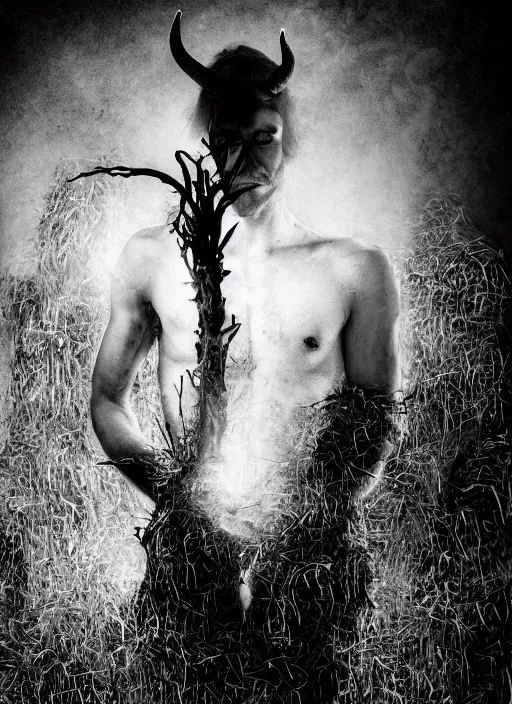 Image similar to mysterious and sensual scene of tyrolean farmer transforming into hay man with horns, roots and edelweiss growing out of the body 35mm double-exposure photo, palm body, deep shadows, german expressionism, noir, slightly colorful, photorealistic, detailed smoke, natural bones and skin, natural textures, depth of field, ambient occlusion, motion blur, HD, masterpiece, volumetric, chromatic aberration by Richard Avedon, style of Ade Santora, perfect composition, masterpiece, intricate detailed