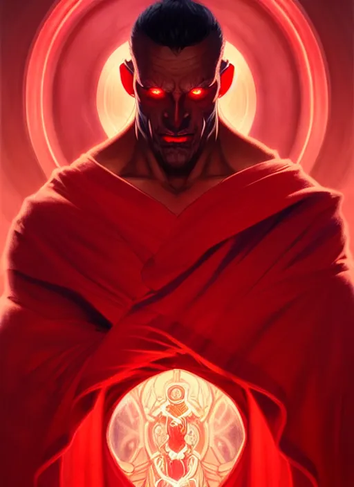 Image similar to symmetry!! portrait of a evil man, glowing red eyes!! muscular, robes! intricate, elegant, highly detailed, digital painting, artstation, concept art, smooth, sharp focus, illustration, art by artgerm and greg rutkowski and alphonse mucha
