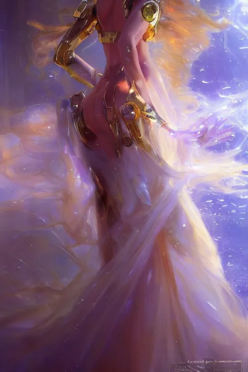 Prompt: cyberpunk beautiful girl, light body golden armor, flowing gown by vladimir volegov and alexander averin and delphin enjolras and daniel f. gerhartz