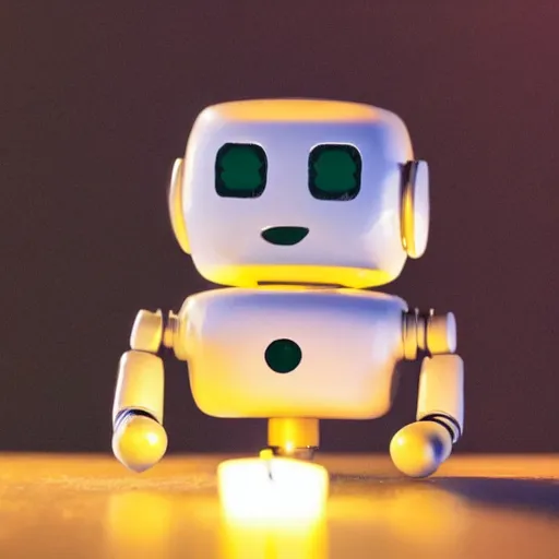 Image similar to a cute little robot sitting on a matchstick with a lit candle in the background