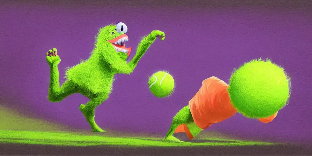 Image similar to tennis ball monster playing on a tennis court, tennis net, tennis stadium, purple, digital art, fantasy, magic, chalk, chalked, trending on artstation, ultra detailed, detailed, fine details, professional illustration by basil gogos