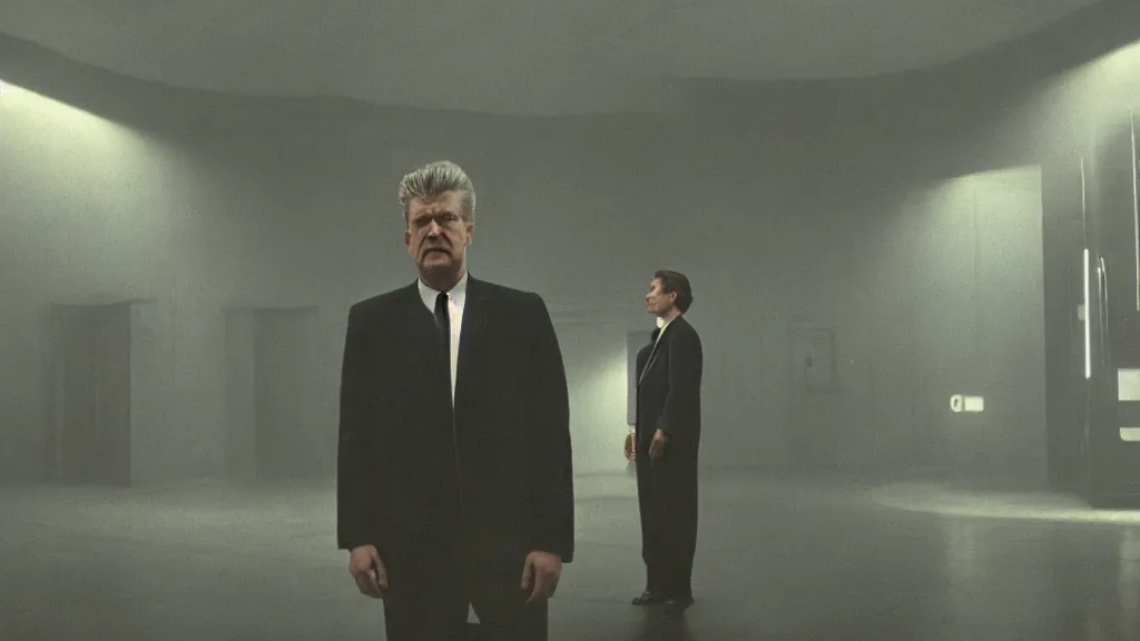 Prompt: movie scene of a man standing in front of a multiverse machine, movie still, cinematic composition, cinematic light, pastel color scheme, by david lynch and andrzej zuławski