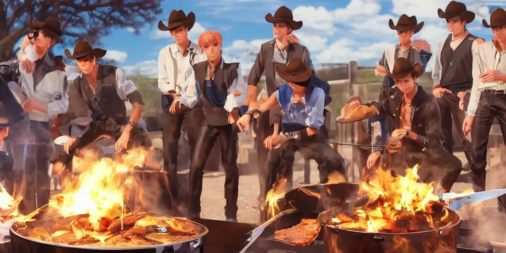 Prompt: BTS dressed as cowboys while cooking BBQ in Texas, Anime art style, action packed scene, CGI render