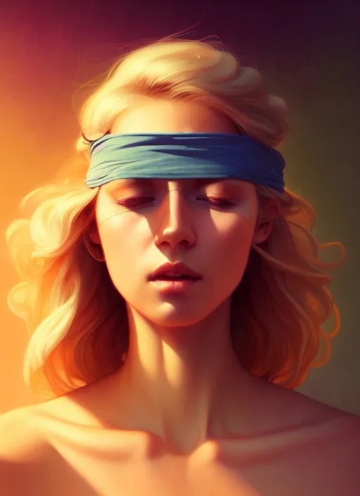 Prompt: blindfolded handsome young women with shoulder length blonde hair, symmetrical, half body shot, path traced, highly detailed, high quality, digital painting, alena aenami, lilia alvarado, shinji aramaki, karol bak, alphonse mucha, tom bagshaw