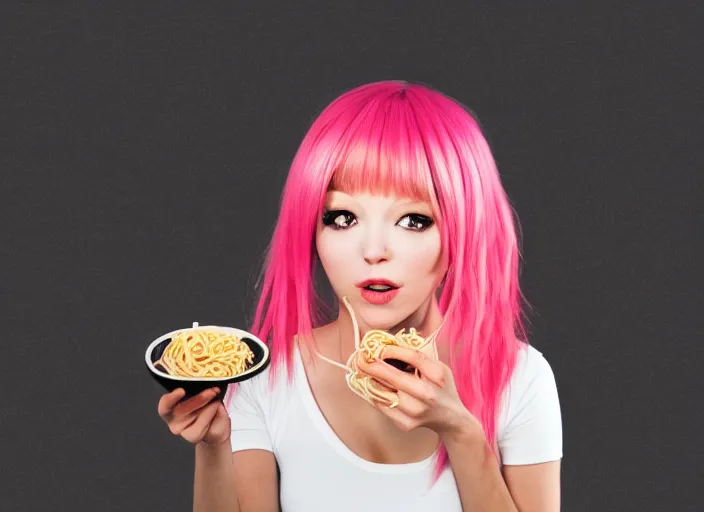 Prompt: anime girl with pink hair eating ramen noodles, black background, detailed face