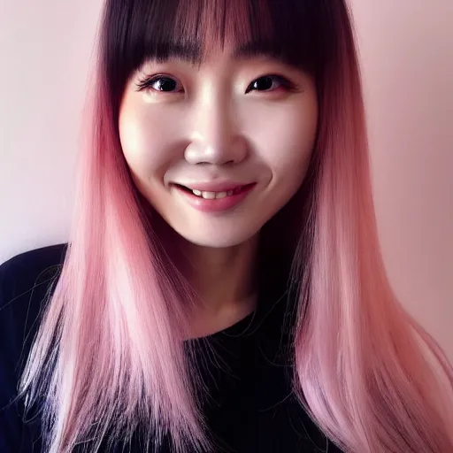 Image similar to beautiful hyperrealism selfie of nikki 苏 暖 暖 from shining nikki, a cute 3 d young woman smiling softly, long light pink hair and full bangs, flushed face, blushing, small heart - shaped face, soft features, amber eyes, chinese heritage, golden hour, 8 k, sharp focus, instagram