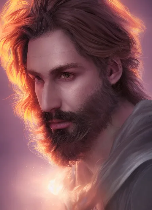 Image similar to an epic fantastic realism comic book style portrait painting of an aasimar warlock, male, shaggy hair, short brown beard, d & d concept art, unreal 5, daz, petrol aesthetic, octane render, cosplay, rpg portrait, dynamic lighting