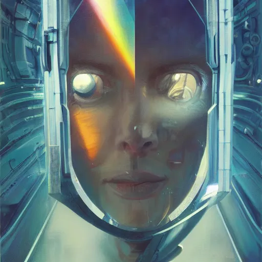 Image similar to detailed face of a cyborg, large hadron collider, dimensional portal, teleportation, wet reflections, prism, atmospheric, ambient, pj crook, syd mead, livia prima, artgerm, greg rutkowski, nick alm, casey baugh