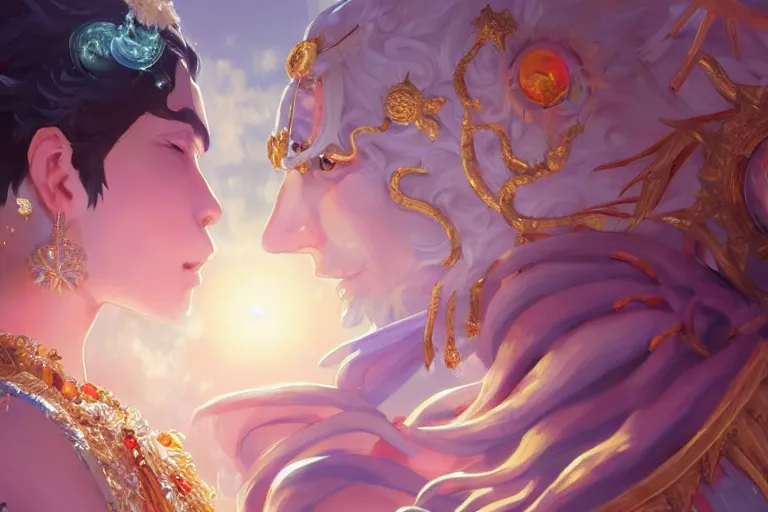 Image similar to close up moment of a divine a sun god and a moon goddess lovers magician at a wedding banquet, highly detailed, d & d, fantasy, 4 k realistic, digital painting, trending on artstation, concept art, sharp focus, illustration, art by makoto shinkai and akihiko yoshida and daniel gerhartz