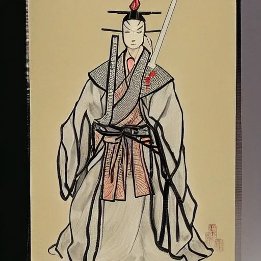 Prompt: a beautiful White cloaked Samurai Warrior with Sword Drawn by Mitsuru Adachi