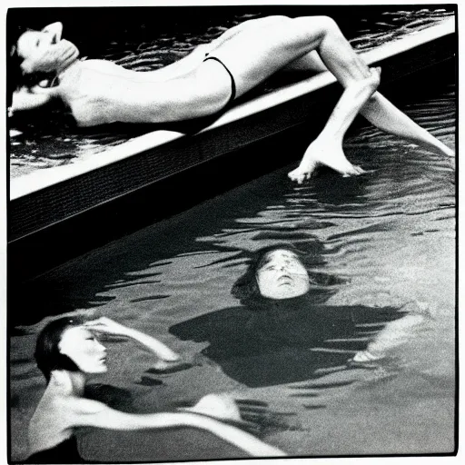 Prompt: two woman in the pool, film camera style, la piscine 1 9 6 9 film aesthetics, 1 9 7 0 s