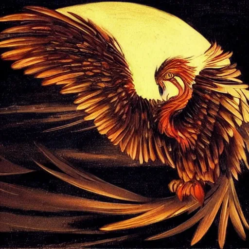 Prompt: Glowing Phoenix bird flying above a city in the moonlight painted by Caravaggio. High quality.