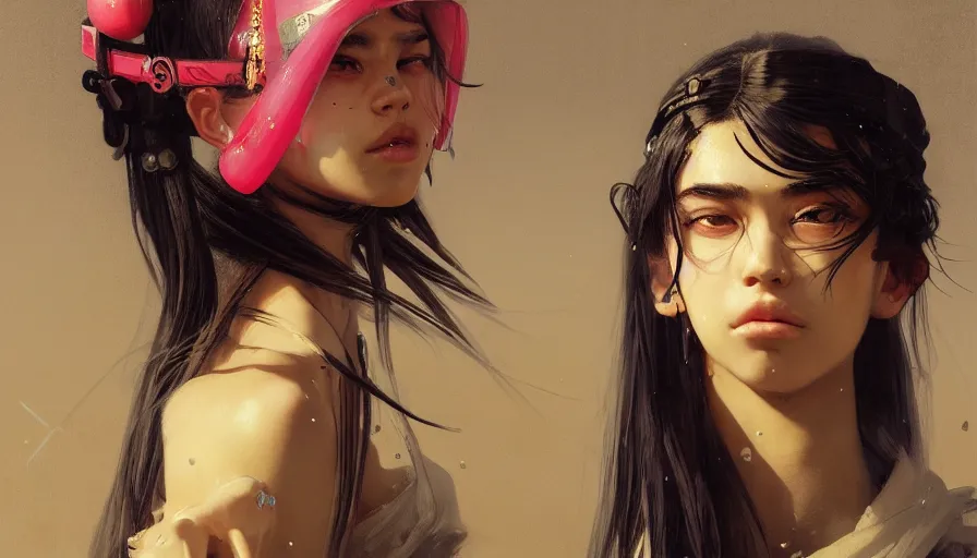 Image similar to madison beer, detailed portrait young gangster woman, amazing beauty, visor, neon tattoo, styled hair, decorated traditional japanese ornaments by carl spitzweg, ismail inceoglu, vdragan bibin, hans thoma, greg rutkowski, alexandros pyromallis, perfect face, fine details, realistic shaded
