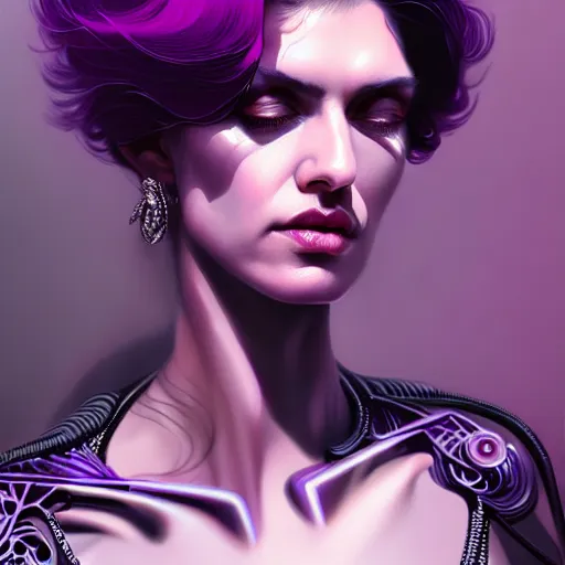 Image similar to woman with extremely large and intricate haircut with angry purple eyes and slim features looking askance, eye cyberpunk bionics, retro futurist style, intricate, elegant gleaming intricate baroque jewelry, angelic halo, highly detailed, digital painting, artstation, concept art, smooth, sharp focus, illustration, art by wlop, mars ravelo and greg rutkowski,