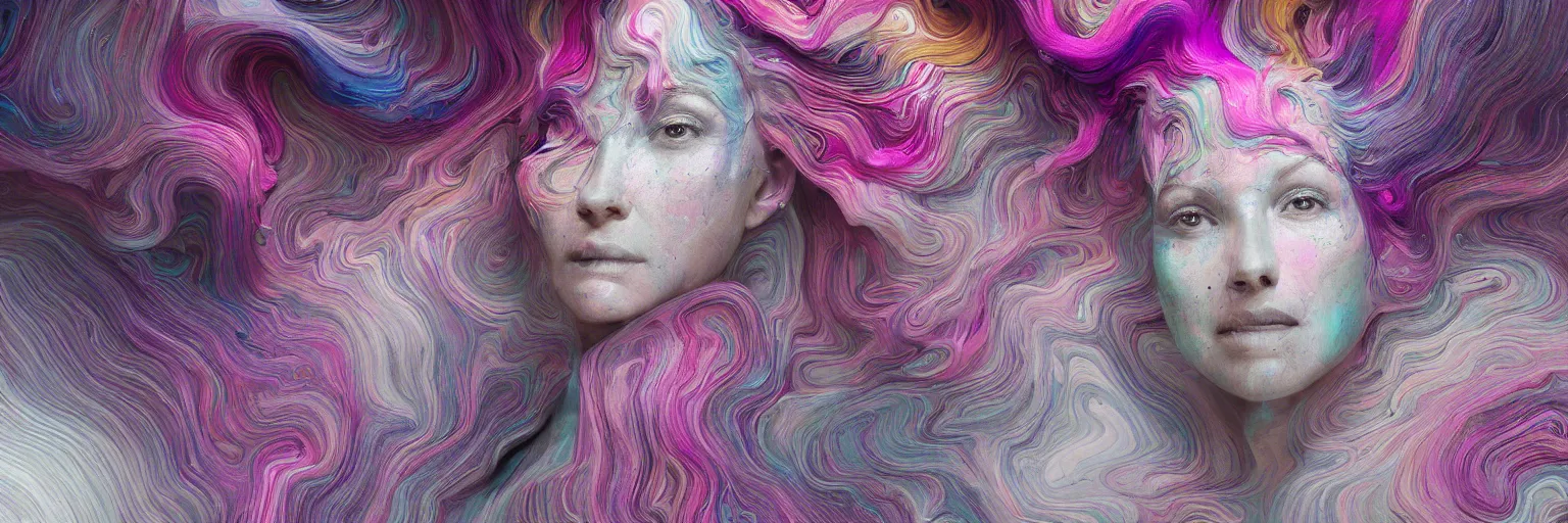 Prompt: A portrait of a very beautiful goddess with pink and grey hair radiating an artwork made of multicolored swirling paint and empasto by James Jean and WLOP , volumetric displacement by Lee Griggs, volume noise, hyperrealism, subsurface scattering, octane render, 8k, xparticles