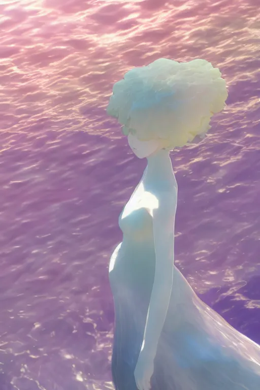 Prompt: 3D CG anime Land of the Lustrous Houseki no Kuni character Ventricosus translucent very light pink jelly woman with thick chest size and pink transparent bouffont dress frills hair in a bun standing at the bottom of the ocean near the surface, sun rays shine through the water, facing the camera, beautiful composition, 3D render, cel shaded, 8k, key visual, made by Haruko Ichikawa, Makoto Shinkai, studio Ghibli, Kyoto Animation