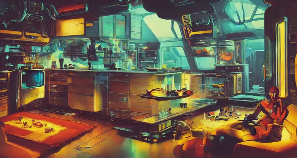 Image similar to IKEA catalogue photo of a cyberpunk kitchen on a spaceship, by Paul Lehr