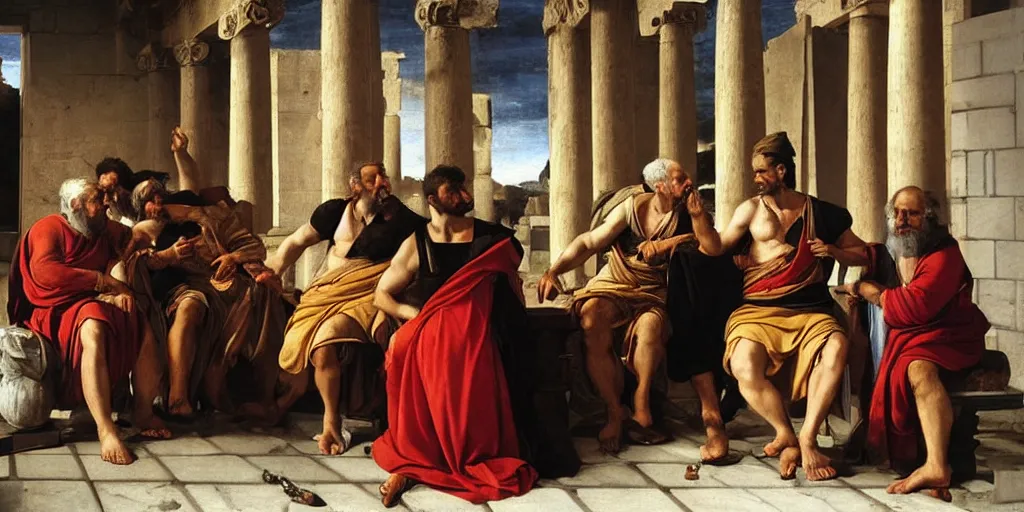 Image similar to beautiful oil matte portrait painting, men discussing politics inside a greek forum, wonderful masterpiece highly detailed, beautiful cinematic light deep focus, elegant, digital painting, smooth, sharp focus, golden ratio, dramatic illumination, ultra realistic, 8 k, art by artemisia lomi gentileschi and caravaggio