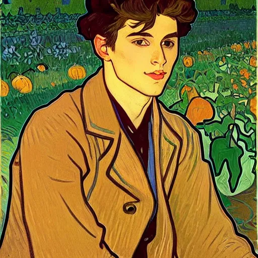 Image similar to painting of handsome young delicate beautiful jeffrey in his 2 0 s with brown hair and gorgeous rina together at the pumpkin patch in october, elegant, clear, painting, stylized, art, art by alphonse mucha, vincent van gogh, egon schiele,